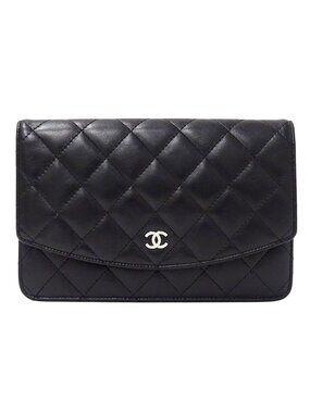 Chanel Quilted Clutch Wallet Lambskin Black Silver